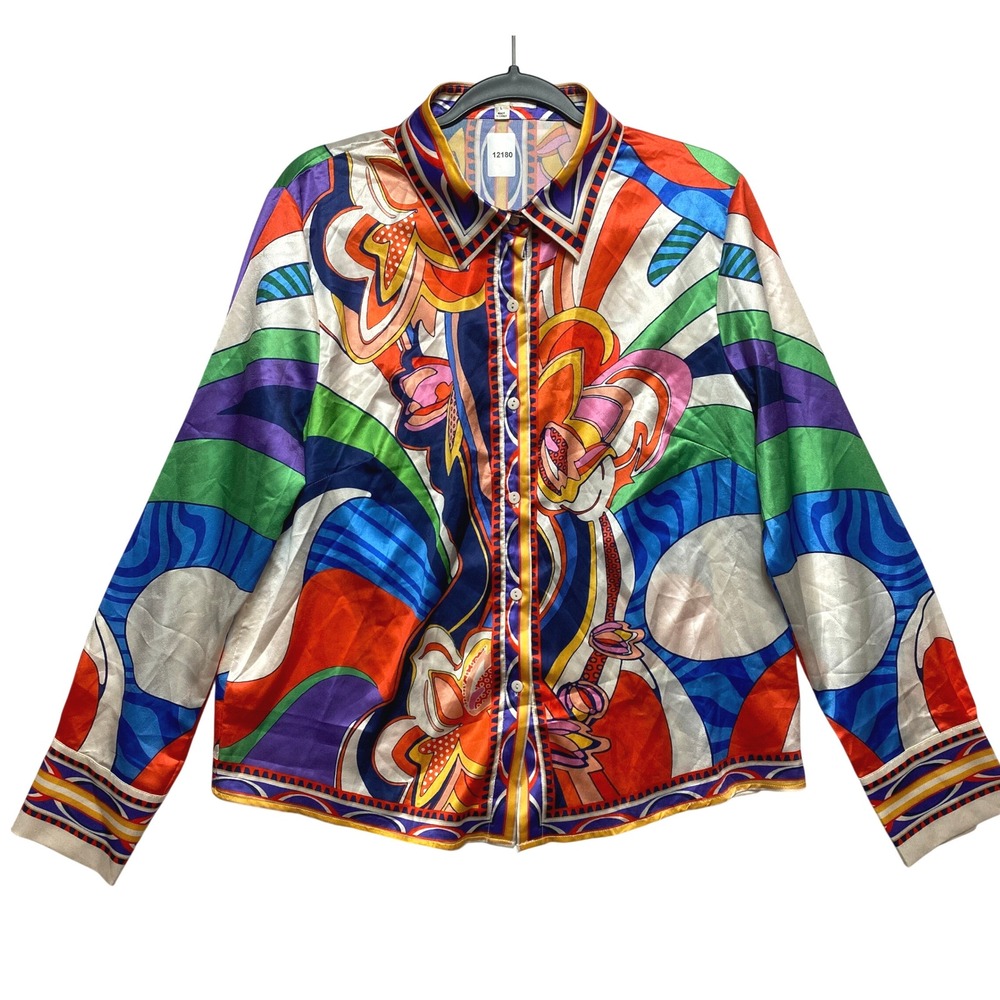 Her Bottari Button-Down Womens L Multicolor Psychedelic Floral Satin Button Up